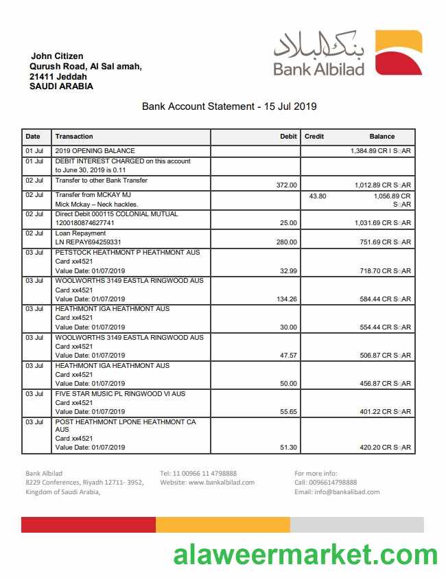 Saudi Arabia Bank Albilad bank statement template in Word and PDF format
